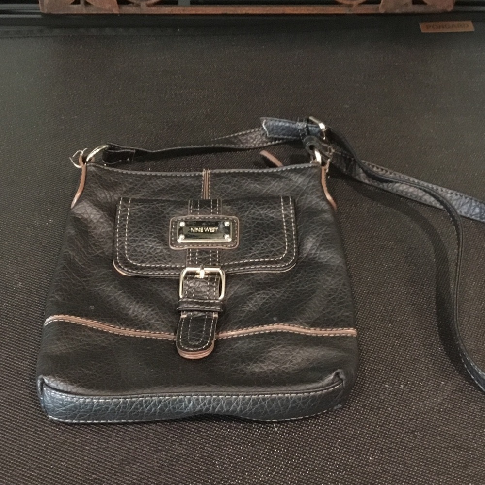 Nine West Black Crossbody with Brown Trim and Silver Hardware